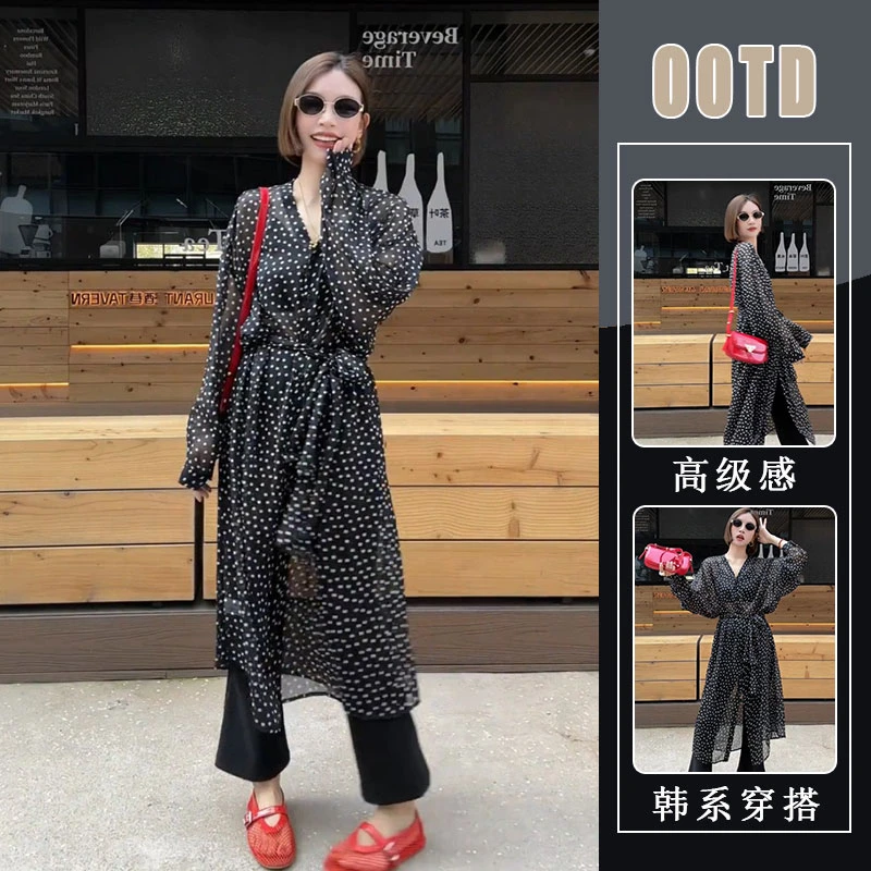 夏季设计感新款女装波点连衣裙中长款雪纺衬衫百搭单排扣防晒衣潮