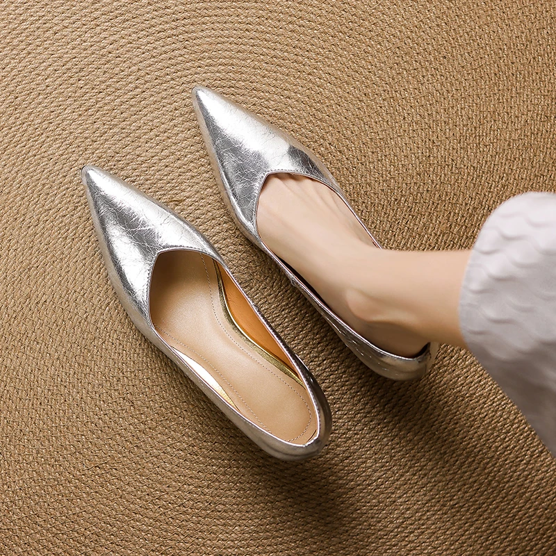 新款5厘米春季尖头单鞋真皮浅口法式单鞋软底中跟女鞋黑色工作鞋