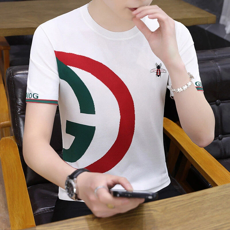 夏季冰麻针织圆领T恤男士套头时尚潮流原宿风透气舒适短袖1627