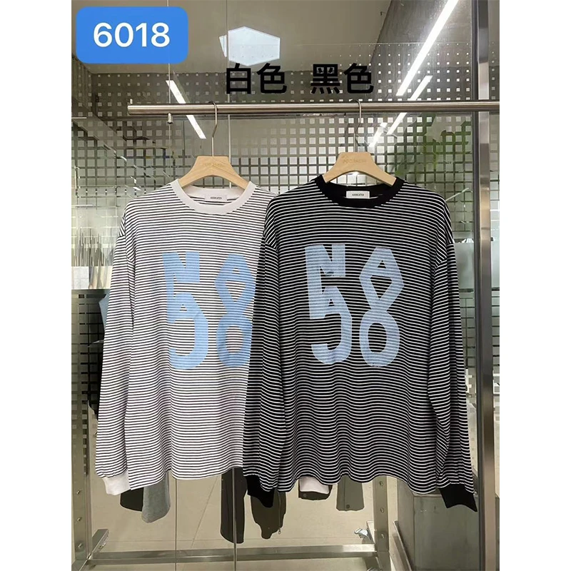 A6018 水印字母撞色圆领条纹T恤男宽松百搭松弛体恤