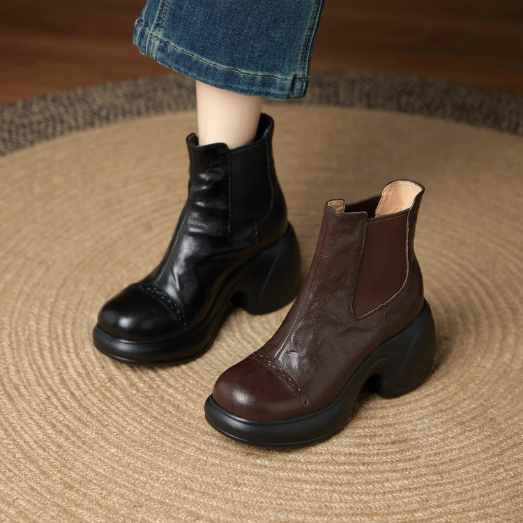 8cm 复古百搭舒适厚底切尔西靴秋冬英伦风通勤简约时尚高跟瘦瘦靴