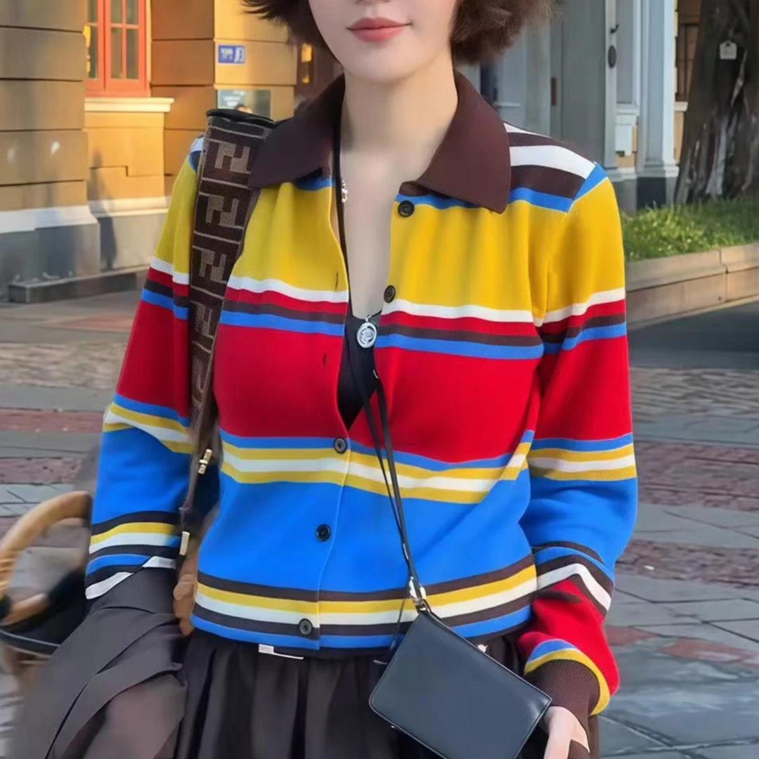 爱舞服饰 单排扣拼色山羊绒开衫