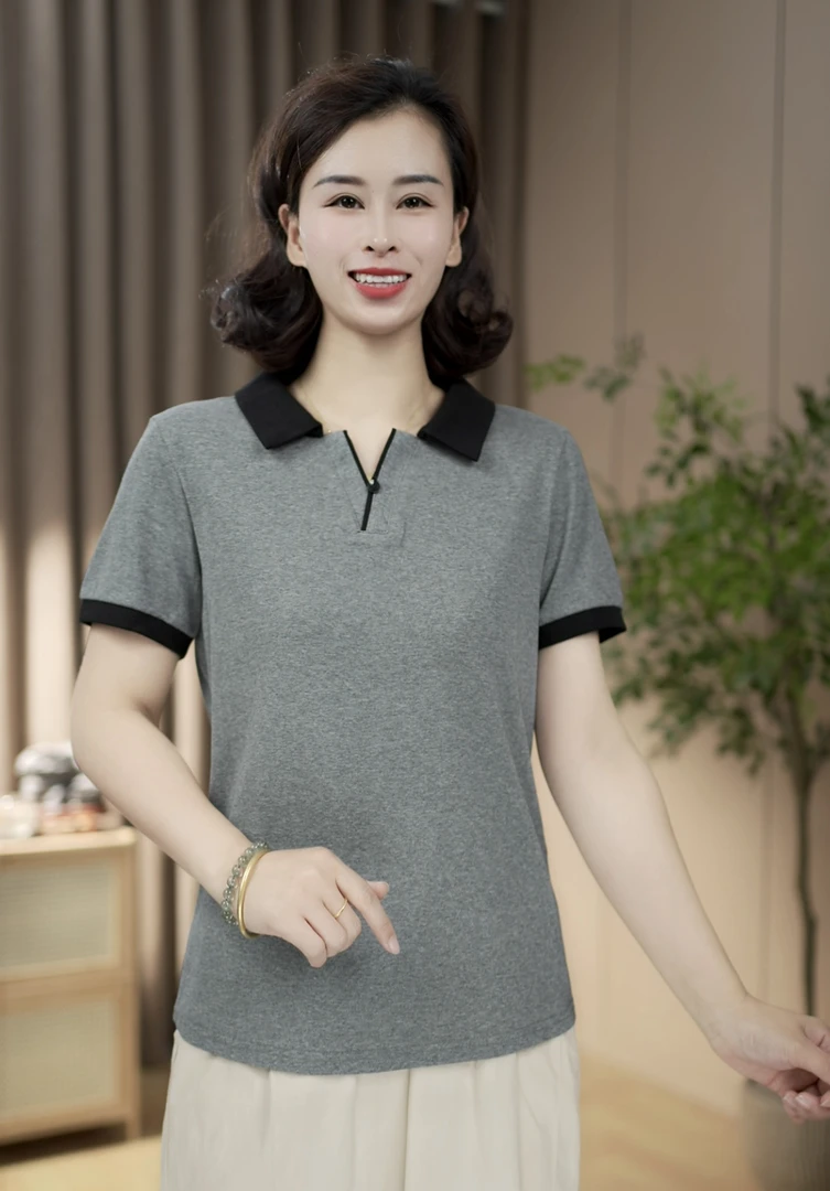 免烫纽扣T恤POLO领U型领宽松中年时尚女士夏装短袖