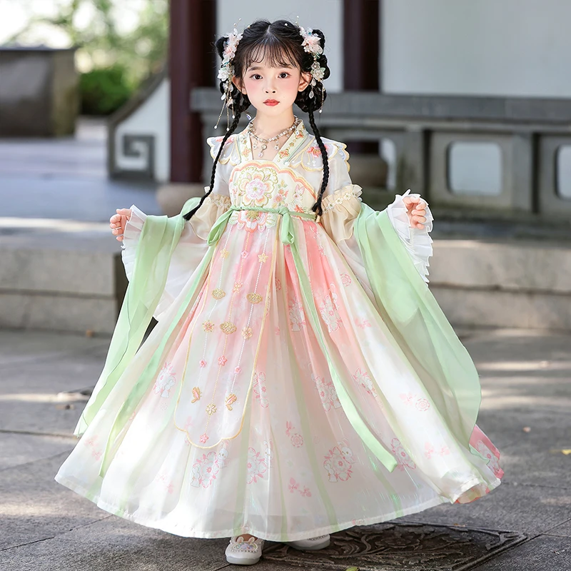 99571女童汉服夏古风女宝宝儿童长袖公主裙子刺绣唐装仙气连衣裙