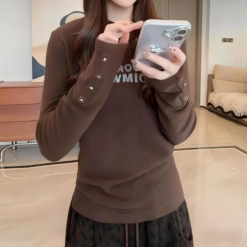 设计感字母圆领T恤女2025冬季新款宽松显瘦气质洋气休闲减龄上衣