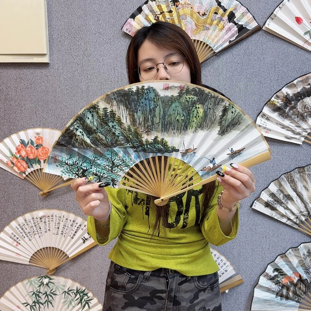 书法8寸水磨玉竹-纯手绘-文玩扇骨（默认粘好）