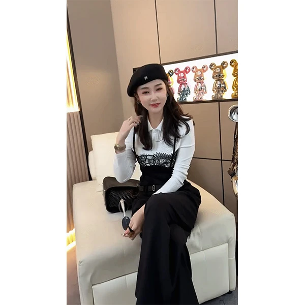 欧货设计感气质俏皮减龄千金风假两件长袖上衣小众拼接撞色