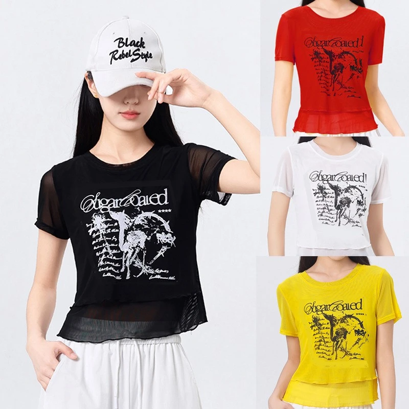 夏季广场舞服装上衣女新款双层软纱健身运动休闲跳舞蹈服时尚T恤