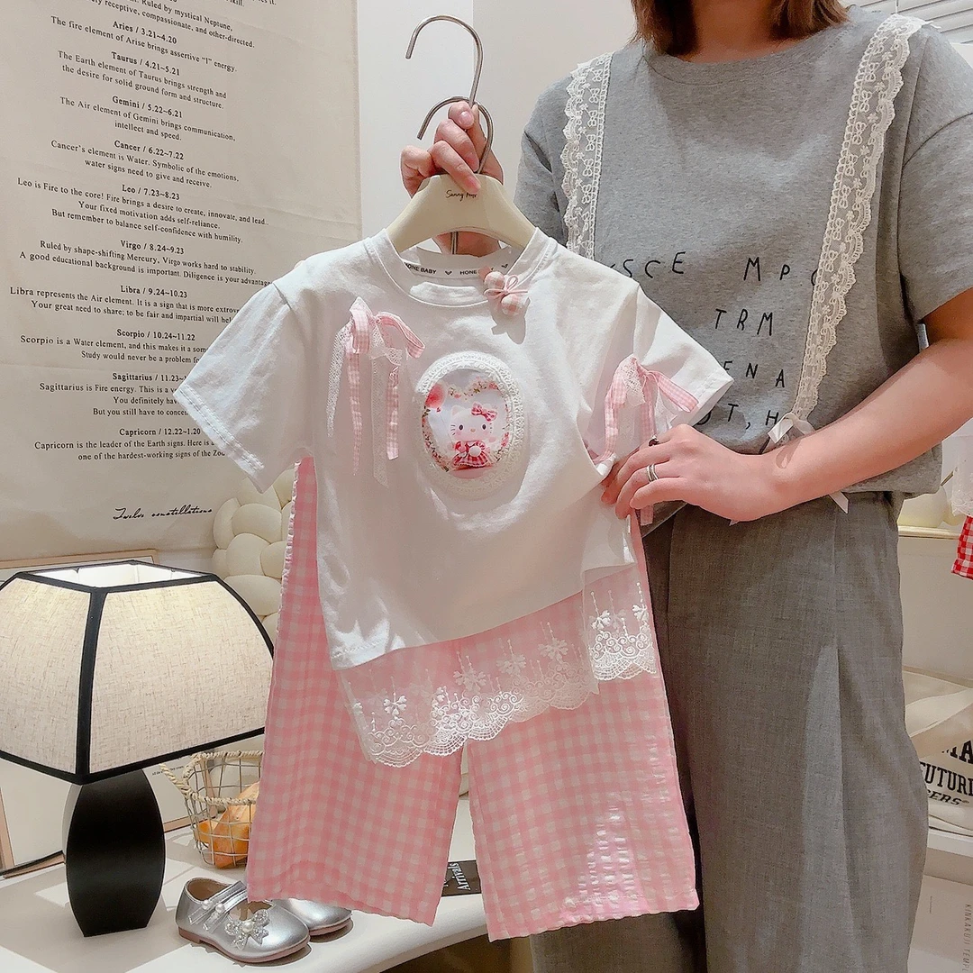 爱莎库洛米套装蕾丝花边蝴蝶结直筒裤两件套甜美女孩两件套