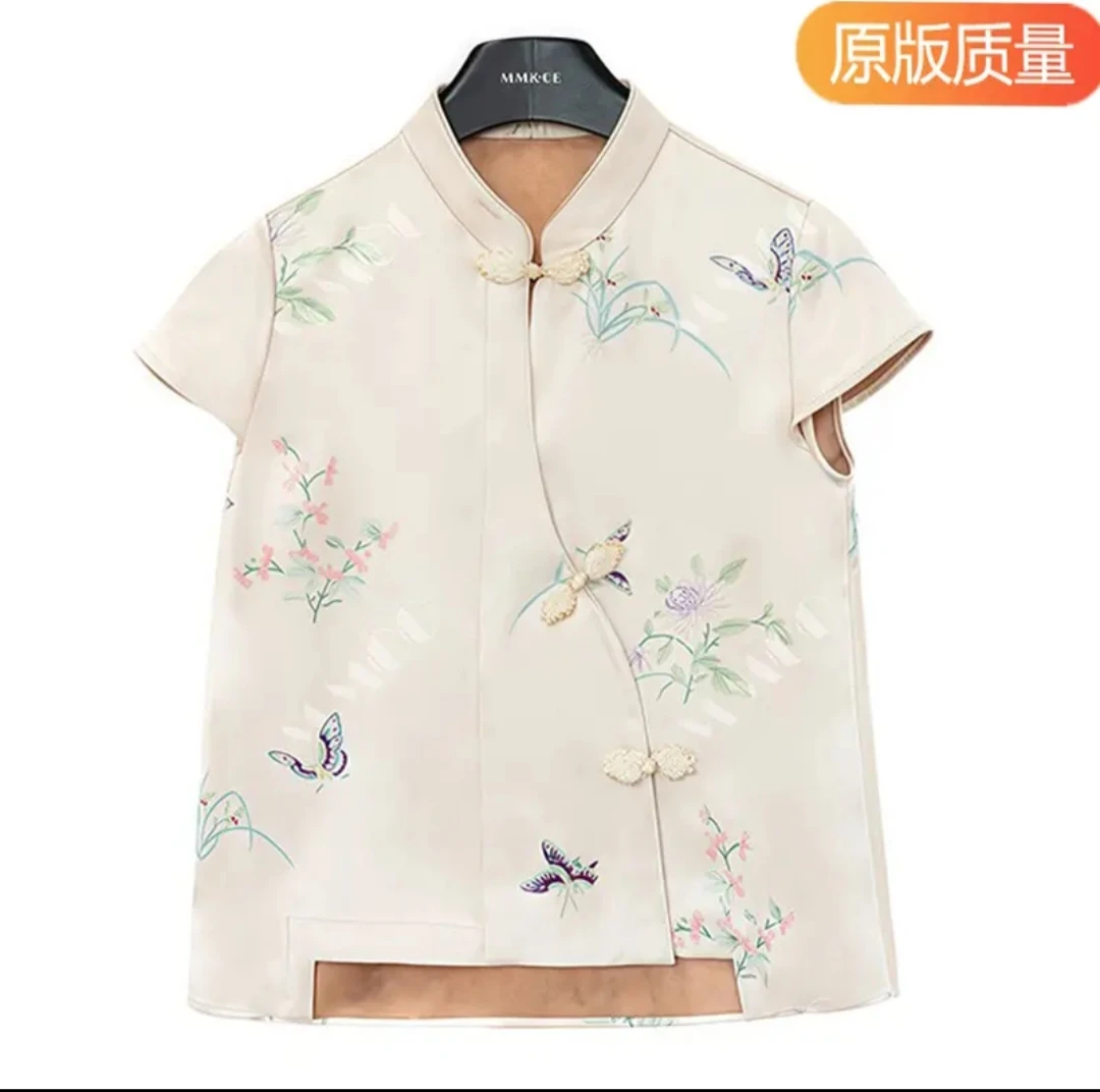短袖立领盘扣上衣女国潮中国风唐装衬衫印花上衣