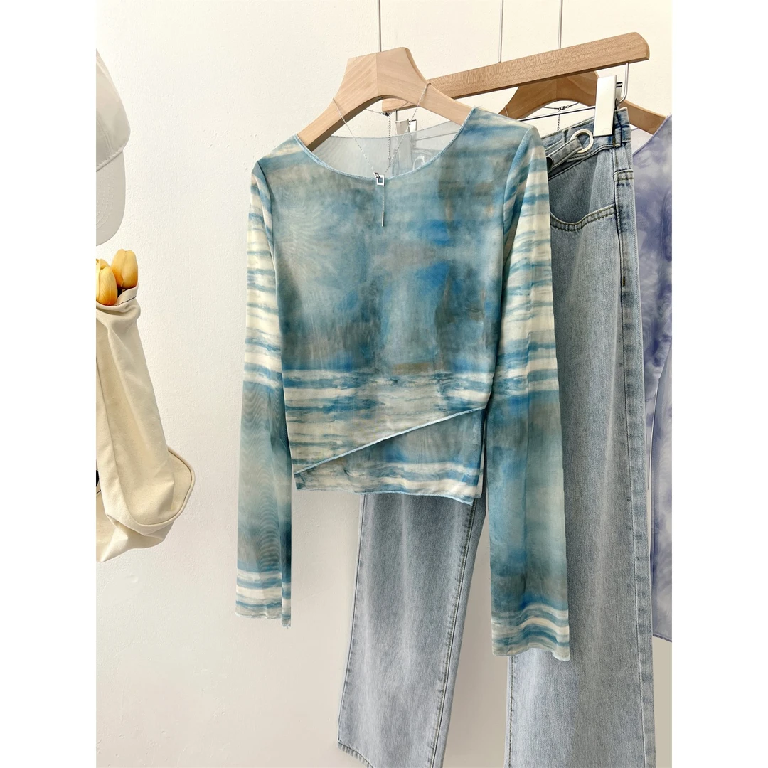 设计感扎染长袖t恤女春季复古修身显瘦短款打底衫别致衫上衣