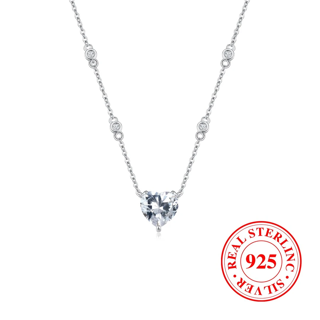 坠链均925银合成锆石 纯银爱心三爪白钻链上钻项链