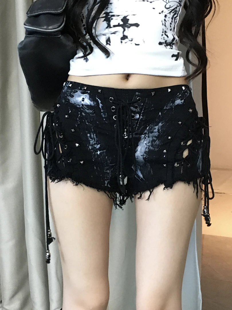 6NE 美式辣妹水洗绑带毛边牛仔短裤女百搭显瘦热裤夏季潮小众y2k