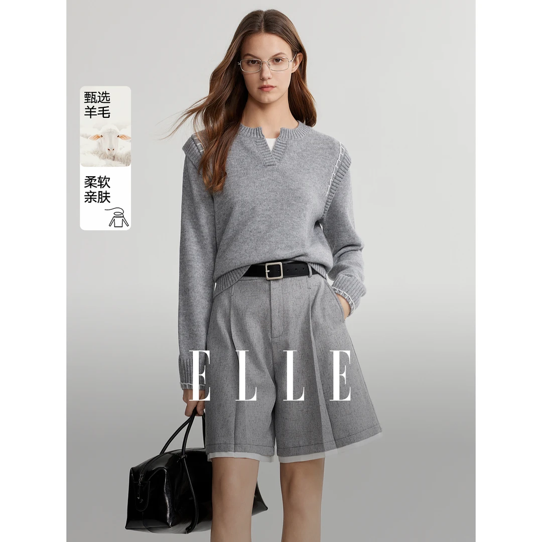 ELLE百搭拼接毛衣2025春款新款长袖宽松时尚针织洋气上衣EM49631