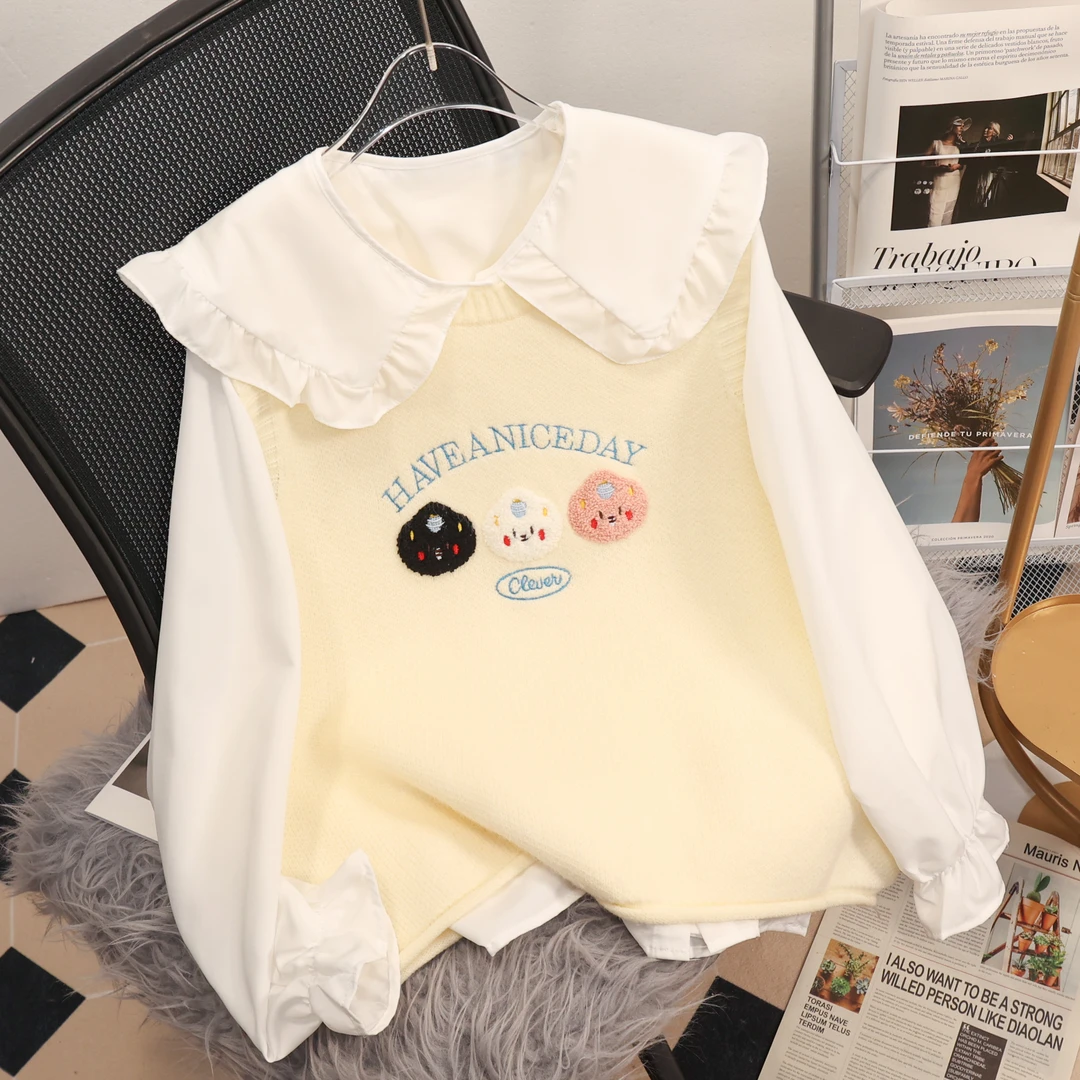 初中生女春装少女娃娃领衬衫马甲学生针织毛衣背心学院风14岁洋气