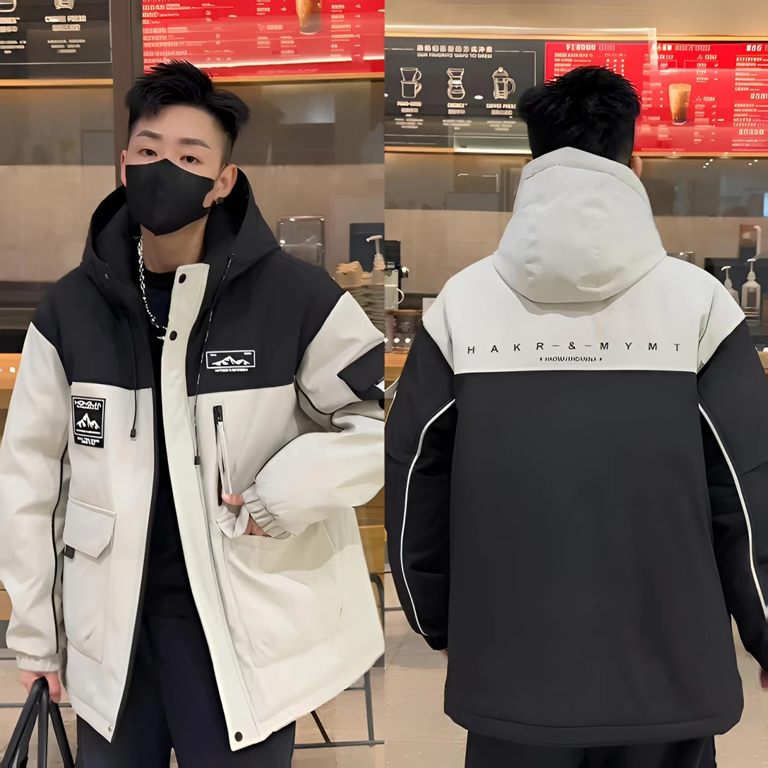 冬季新款男士拼接连帽休闲外套时尚潮流拼色厚款棉服男款外套9560