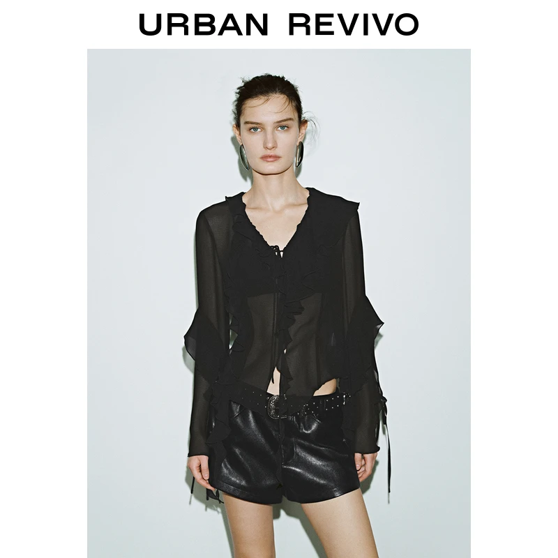 UR2025春季新品女欧若风不规则设计感木耳边罩衫衬衫UYV250004