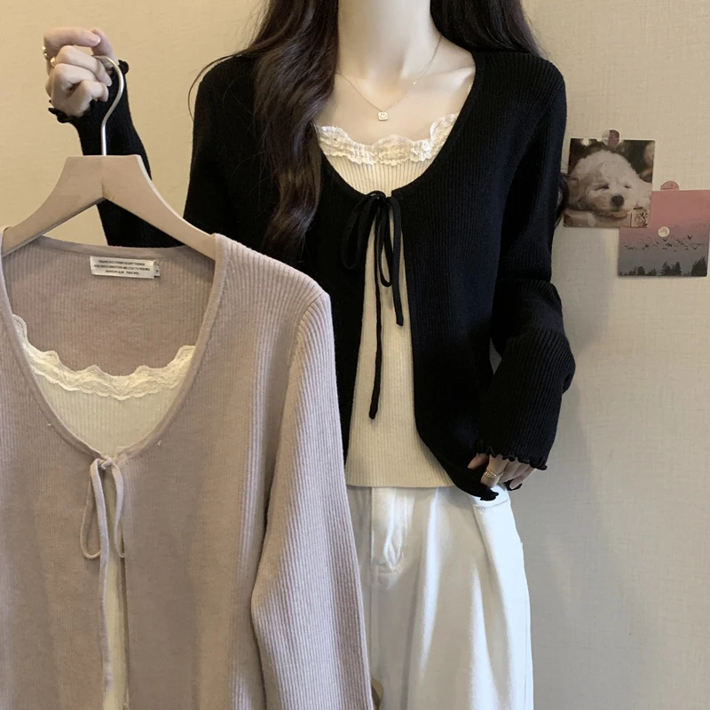 秋季新款大码女装显瘦遮肉假两件长袖T恤胖妹妹小香风木耳边上衣