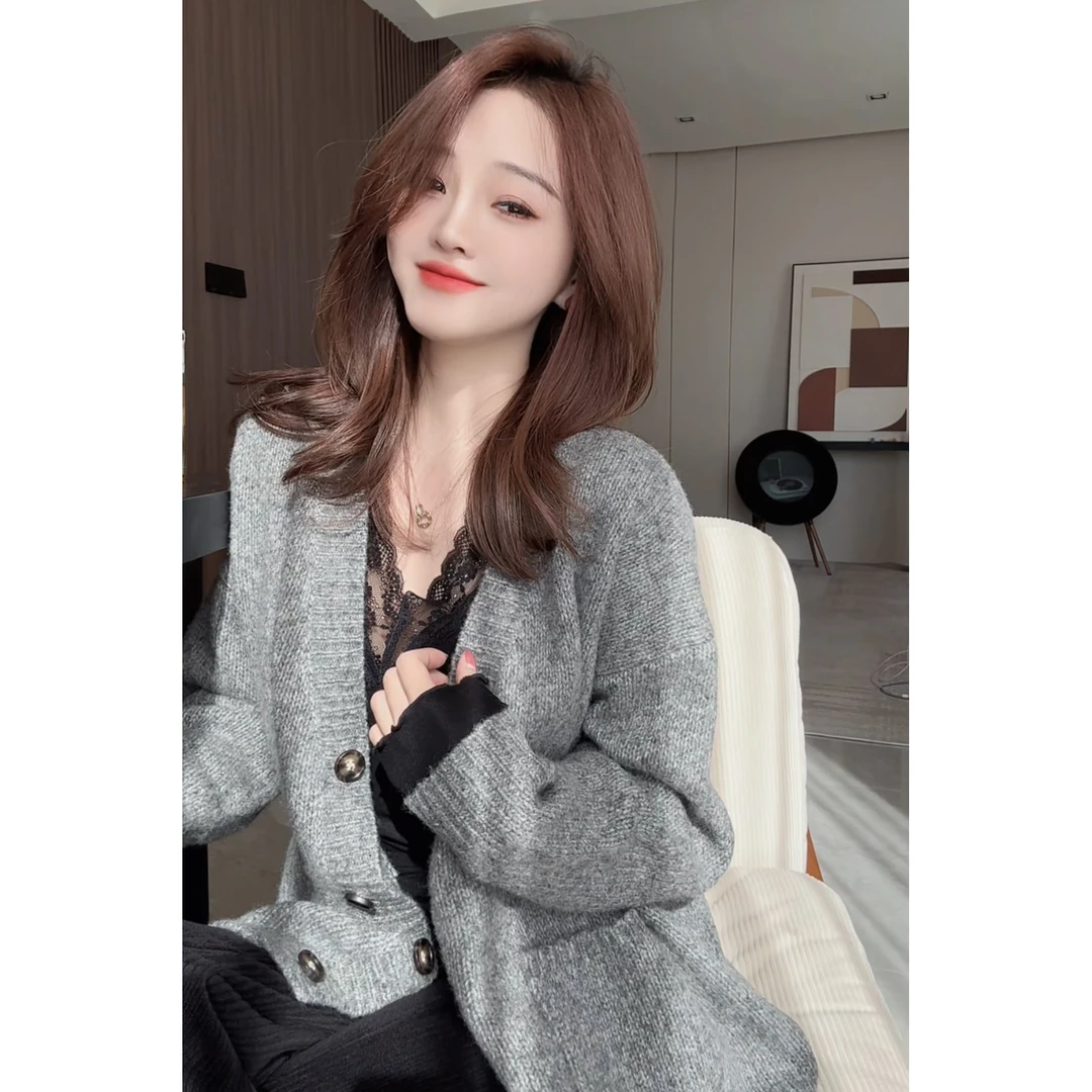 【CHEN】洋气慵懒风纽扣休闲厚外套显瘦灰色长袖针织开衫24110802