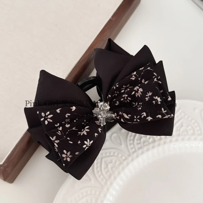 Pink Girl  Z195秋冬碎花叠加经典蝴蝶结抓夹时尚鲨鱼夹气质百搭