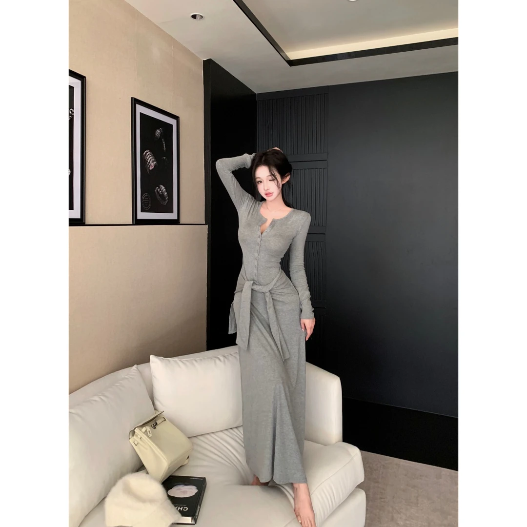 时尚气质慵懒大裙摆设计感假两件纸片人收腰绑带显瘦垂坠长裙秋季
