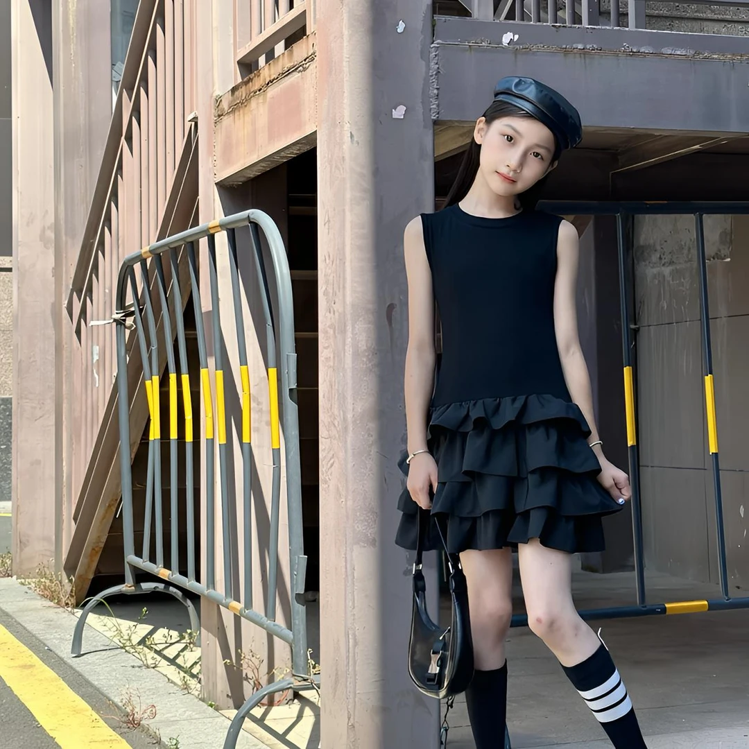 女童黑色蛋糕裙夏季儿童夏装气质网红吊带连衣裙女孩无袖背心裙