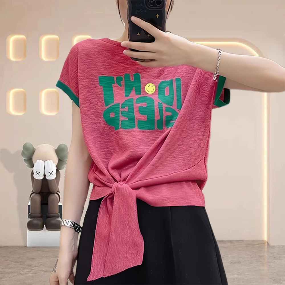 2025夏季竹节棉T恤胖mm休闲t恤女洋气衣服女印花蝴蝶结洋气短袖女