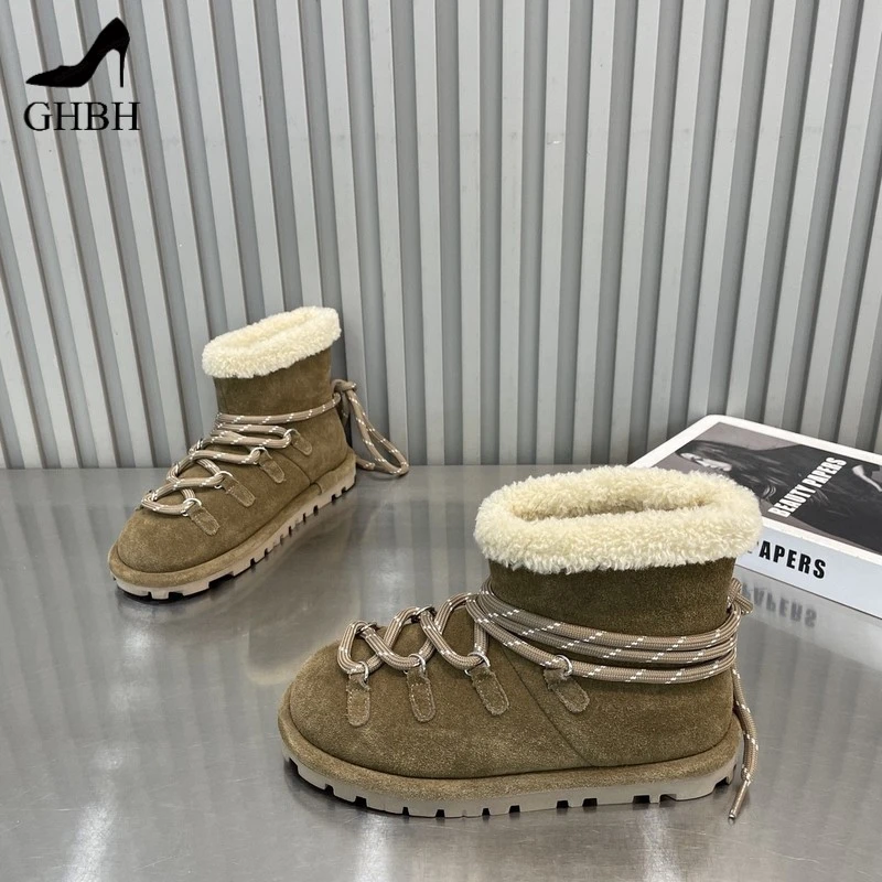 冬季新款绑带设计加绒保暖雪地靴复古翻毛防滑平底北方棉鞋女