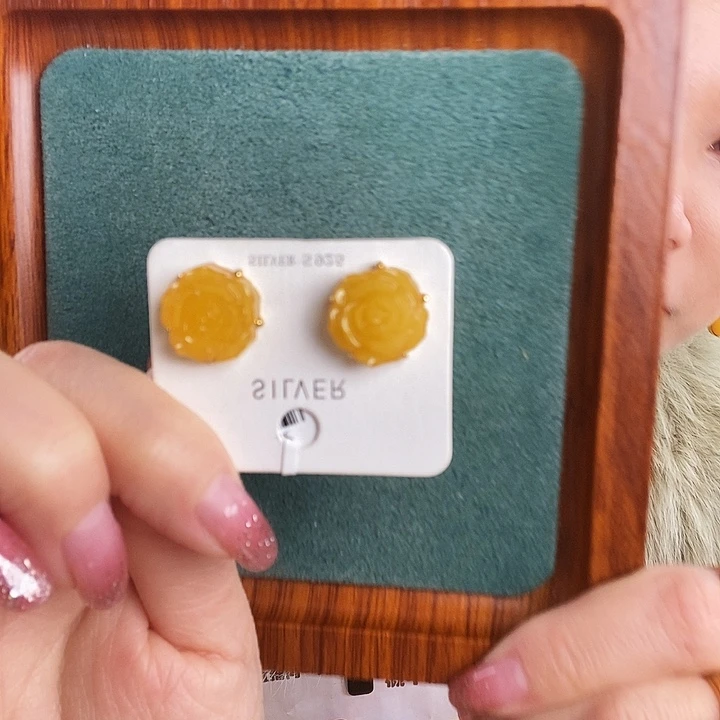 蜜蜡银S925镶嵌耳饰耳钉