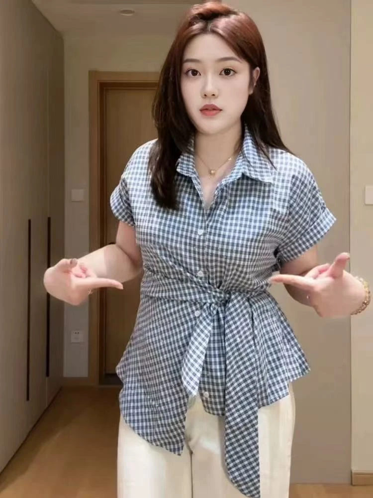 夏季格纹烫钻绑带短袖收腰显瘦大码衬衫9965