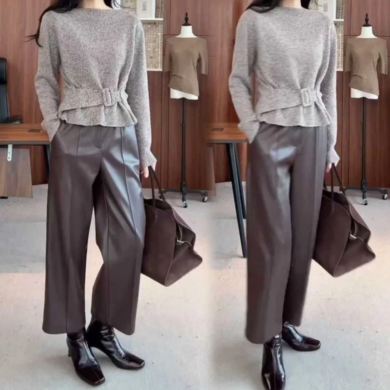 2025简约收腰针织衫搭阔腿休闲裤随性格调气质日常穿搭套装