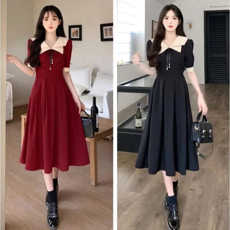 老钱风2025夏季双层海军领学院风短袖长裙子女大码胖mm学生减龄连