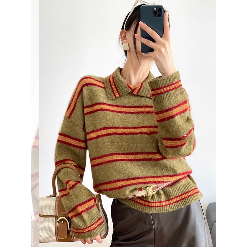 小众设计撞色条纹翻领毛衣女秋冬款大码宽松慵懒风显瘦百搭针织衫