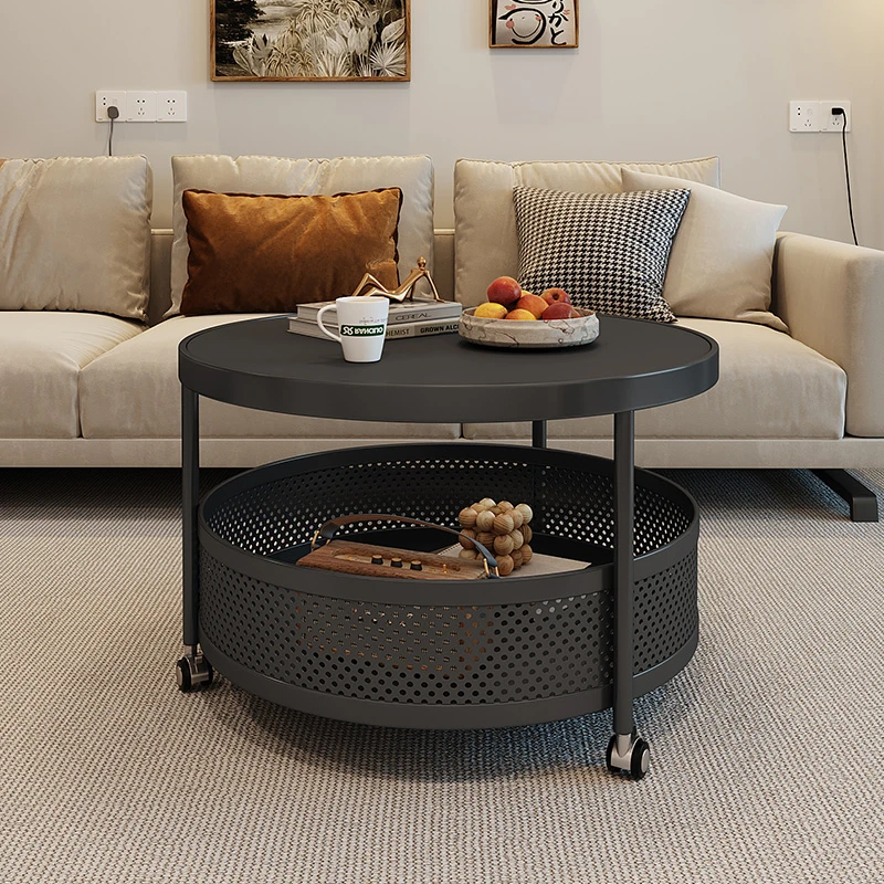 奶油风轻奢岩板客厅茶几小户型家用圆形带轮网红可移动小推车茶几