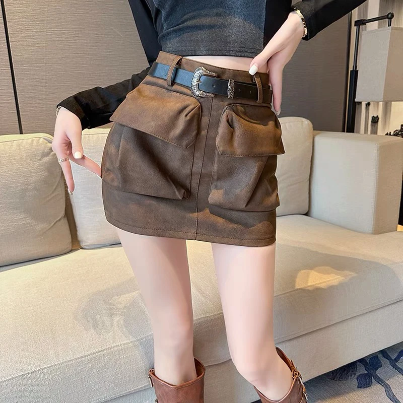 高腰显瘦包臀PU皮短裙复古工装风半身裙女