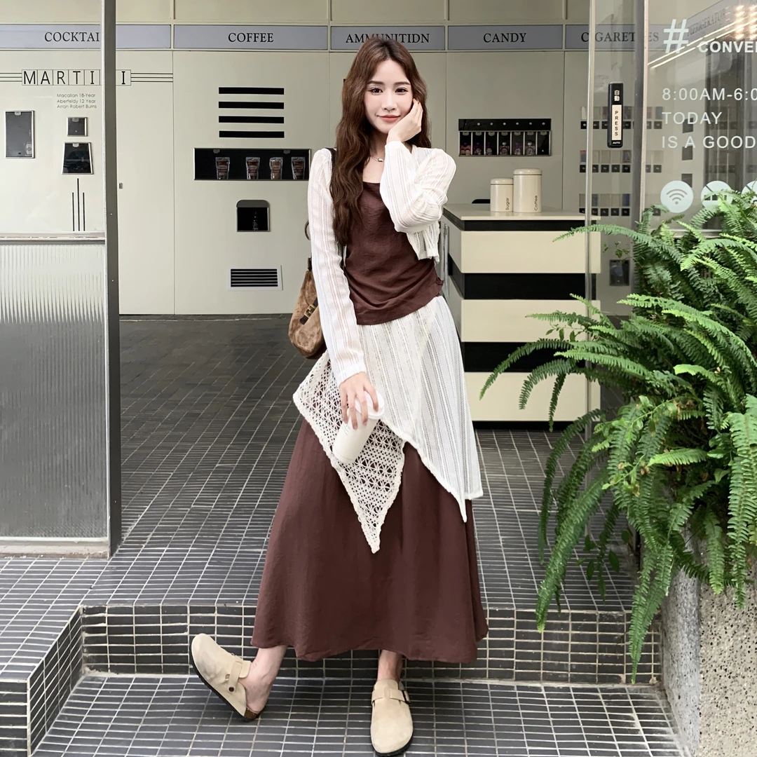 韩系慵懒风chic一整套女早秋新款蕾丝拼接半身裙吊带开衫三件套