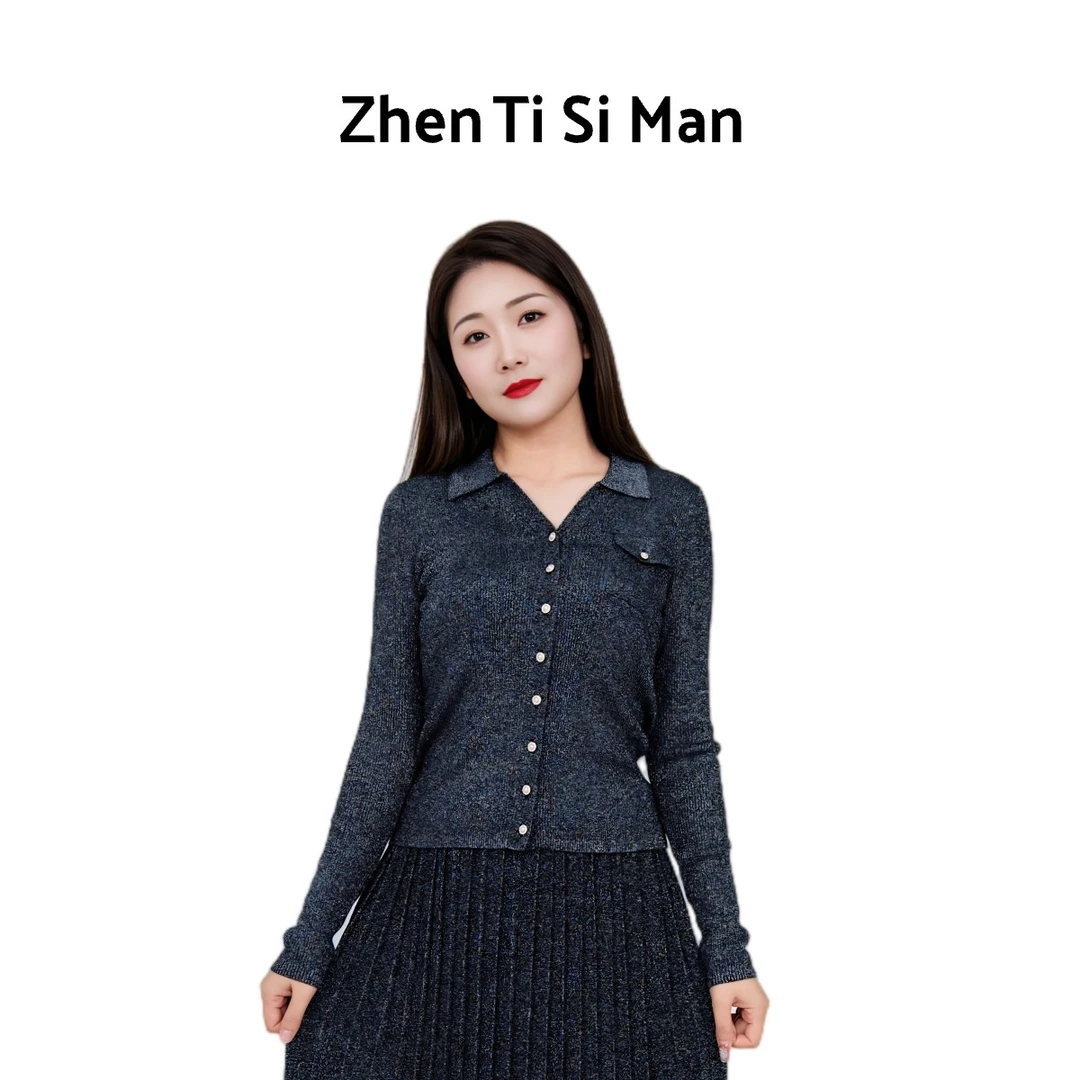 ZHENTISIMAN 翻领水晶纱针织开衫女式修身显瘦透气亲肤CA5009