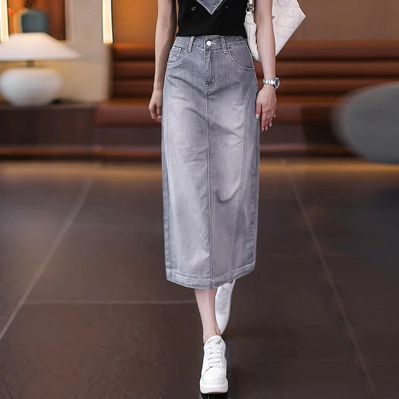 莫兰迪灰拼接牛仔半身裙女2025年夏新款显瘦高腰开叉包臀a字裙子