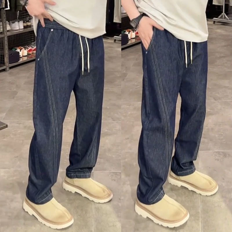 春夏新款直筒工装体闲牛仔裤湛蓝(防掉色)2025男生潮裤2025年潮