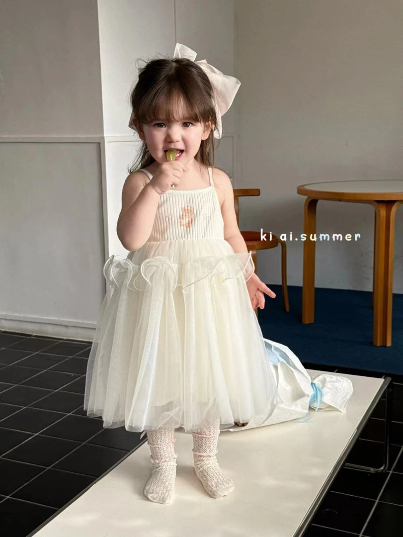 女童杏色卡通吊带网纱裙（KIAI-823222-夏A）