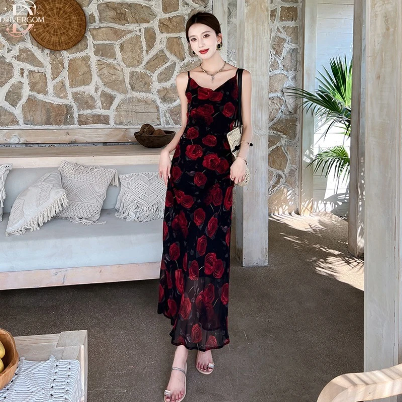 DIIIVERGOM夏日多巴胺碎花鱼尾裙女夏季荡领气质吊带裙御姐风玫瑰