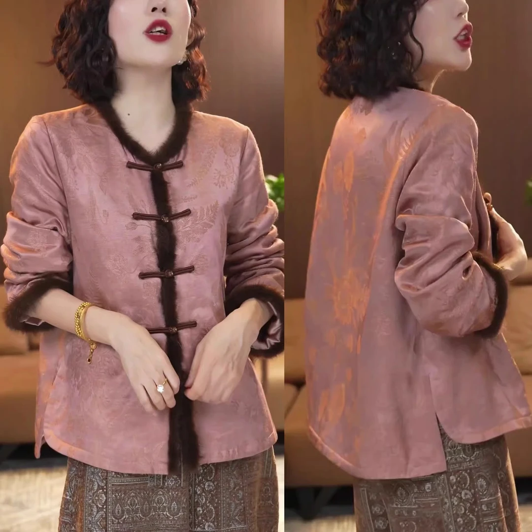 气质中国风时尚遮肉长袖保暖开衫秋冬新款复古新中式宽松圆领外套