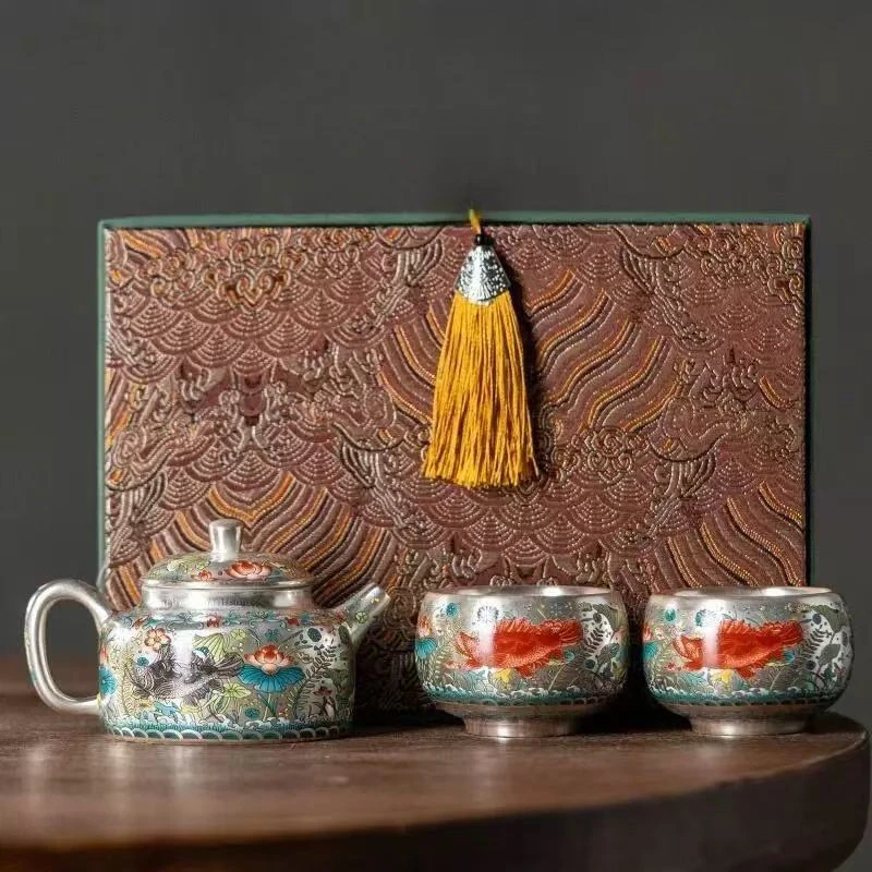 秋香茶具 鱼澡纹瓷胎包银提梁壶一壶两杯套装家用功夫茶具-4770