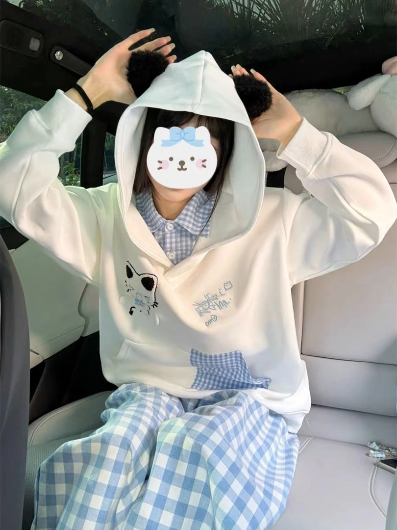 做梦特长生原创可爱猫咪刺绣假两件连帽卫衣女秋季宽松小个子帽衫