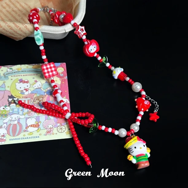 非金属仿珍珠项链 【樱桃誓言】甜酷可爱红色小猫卡通项链辣妹A392