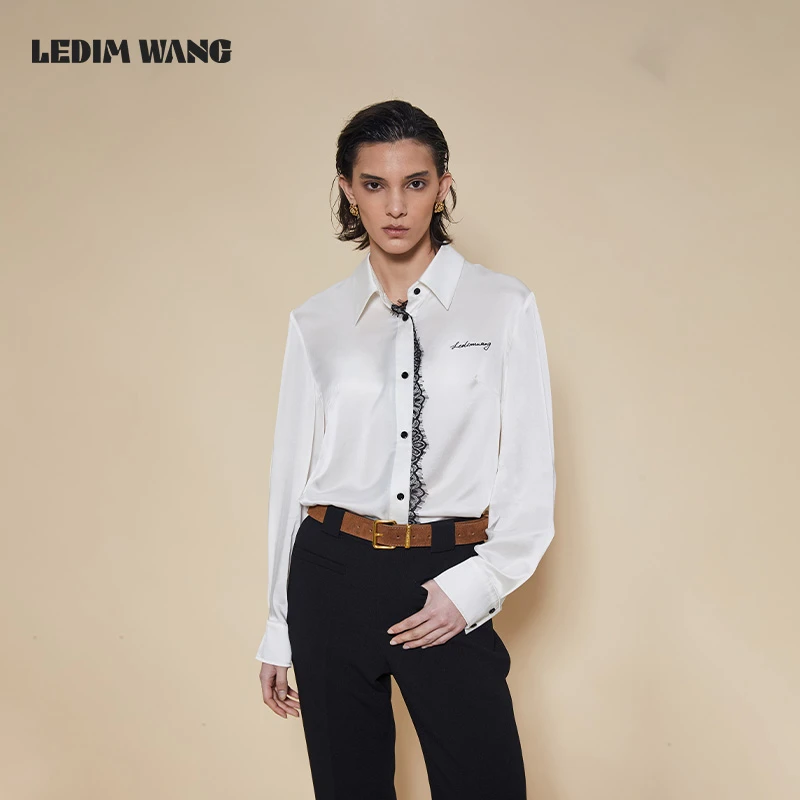 1LEDIM WANG蕾丝边纯色衬衫女白色高级感宽松薄款刺绣气质上衣