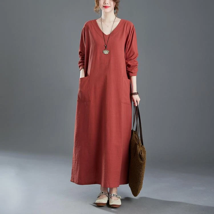 2025春夏季大码女装新款复古棉麻V领加肥加大宽松长袖连衣裙袍子