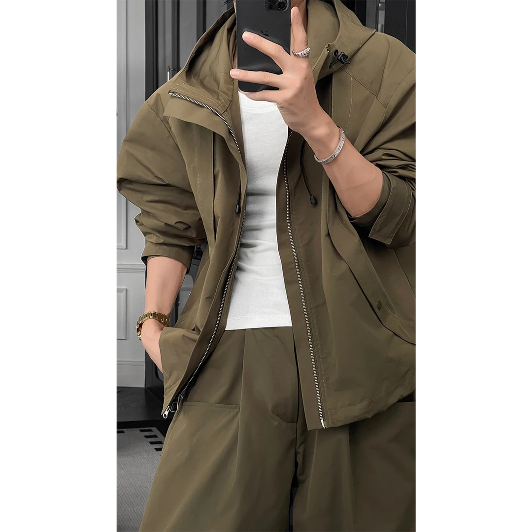 龙叨叨秋季新款潮流美式休闲户外工装连帽夹克宽松百搭长裤套装