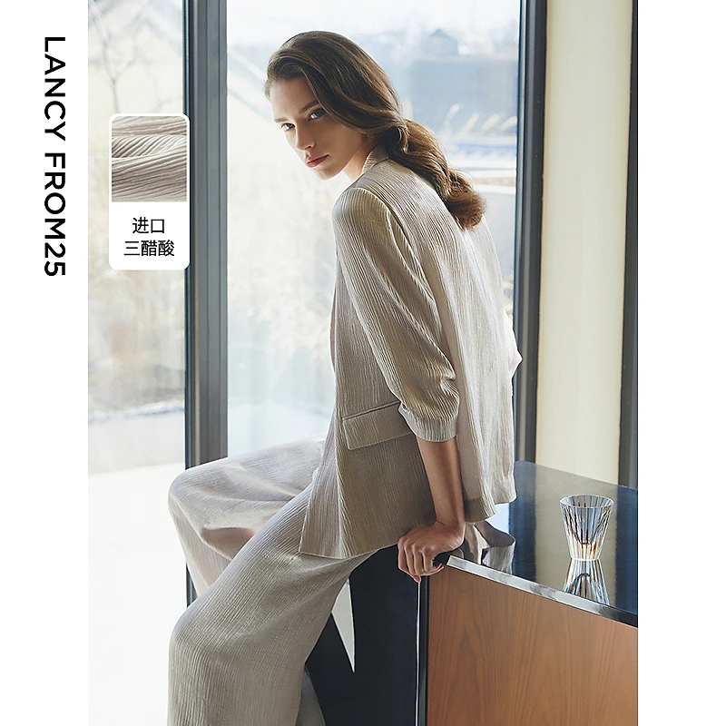朗姿25高智衣橱夏季新款三醋酸西装外套中长莱赛尔一粒扣西服女