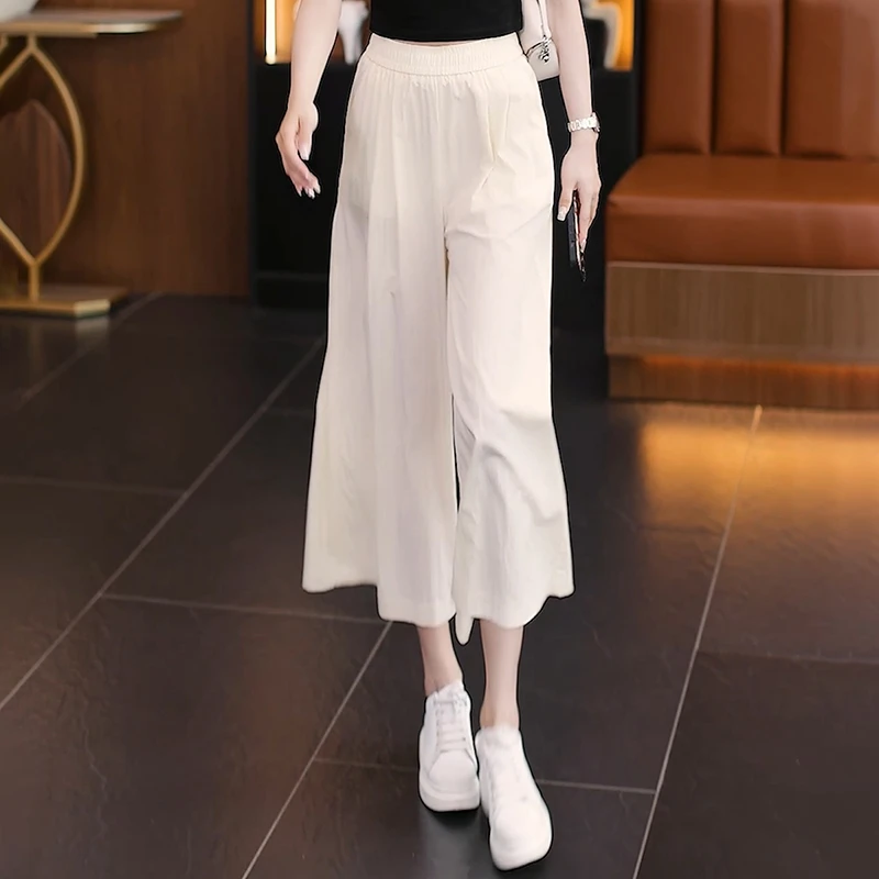拉夏贝尔高腰休闲阔腿裤女2025新款夏季薄款韩版松紧腰垂感八分裤
